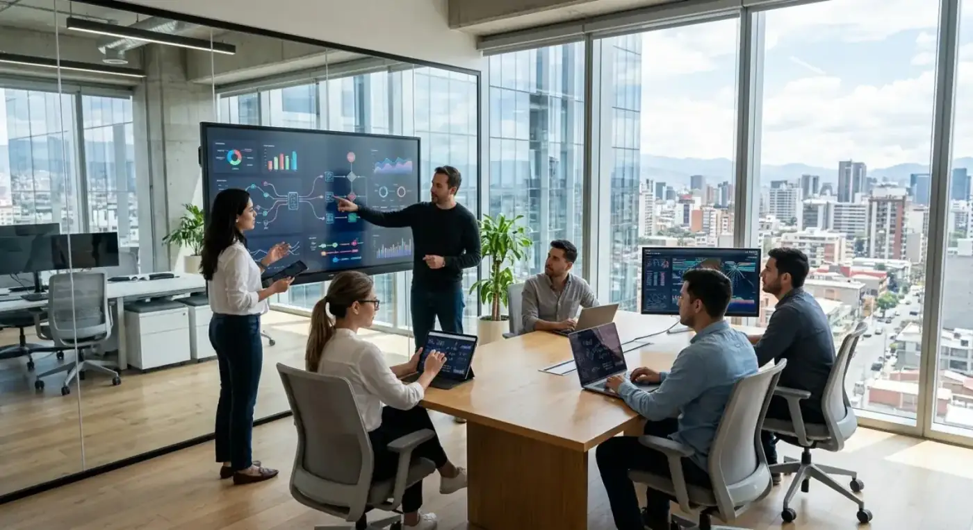 Modern team collaborating in a bright office with floor-to-ceiling windows, screens, and visible automation processes.