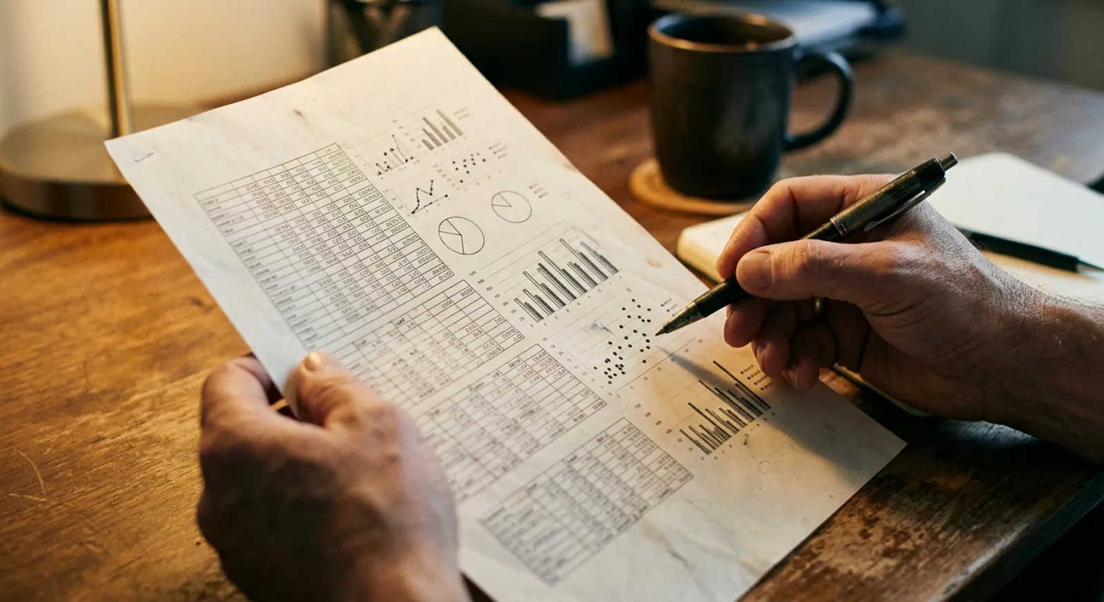 Hands holding a printed data sheet, pen poised to annotate, warm office light in the background.